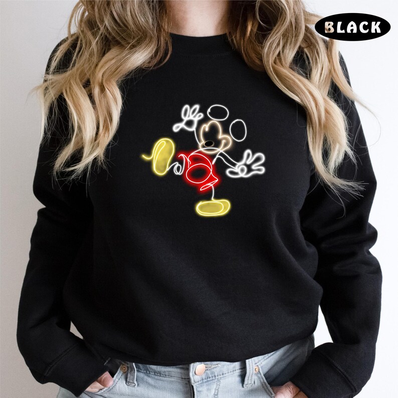 May include: Black sweatshirt with a neon yellow, red, and white outline of Mickey Mouse.