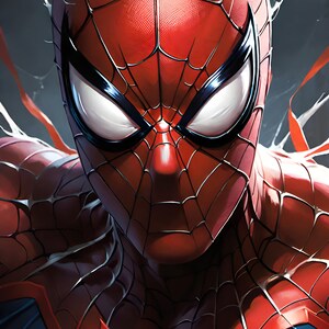 Puede incluir: Primer plano de la cara de un superhéroe, que lleva un traje rojo y azul con un logotipo de araña negro. El traje tiene un patrón de telaraña y el superhéroe tiene ojos blancos.