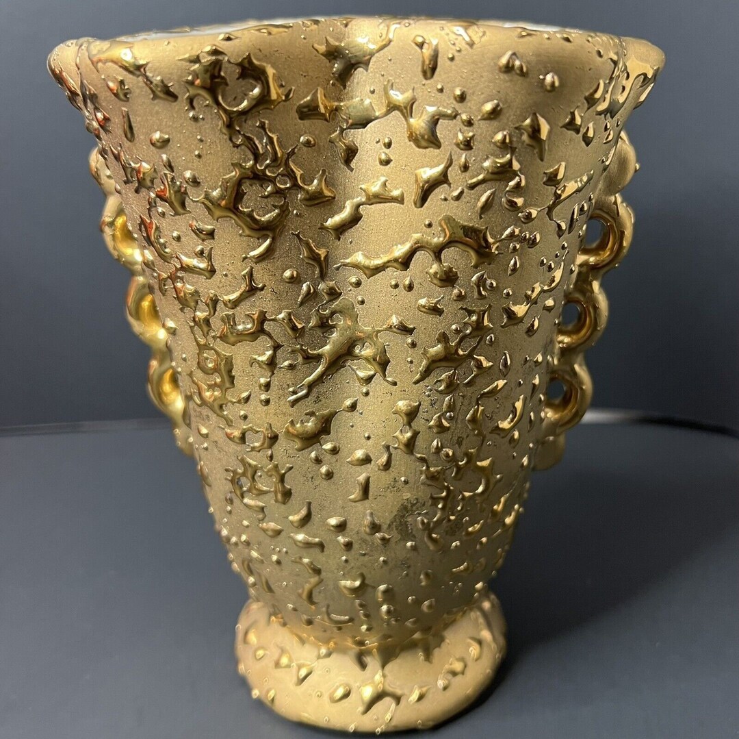 Vintage weeping bright gold vase 22 k hand decorated ceramic u s a 6 5