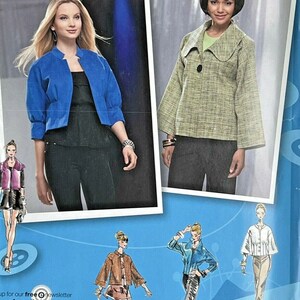 May include: A Simplicity sewing pattern featuring two women modeling jackets. One woman wears a blue jacket, the other a green jacket. The pattern also includes sketches of other jacket designs. The background is blue with white text and the Simplicity logo.