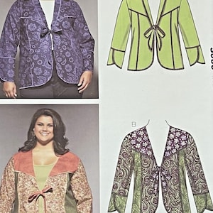 May include: Image of a woman wearing a purple paisley jacket with a tie closure. The image also shows two jacket pattern designs: one in green and the other in a paisley pattern with floral accents. The pattern number is 3666.