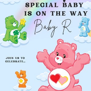 May include: A baby shower invitation with a light blue background and cartoon bears. The text reads "A beary special baby is on the way" and "Baby R". Includes address information.