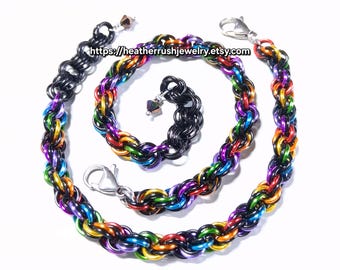 Unique, Handmade, Chainmail Bracelets in Spiral 8-in-2 Weave; Dark Rainbow Colors, Adjustable(7" to 8")