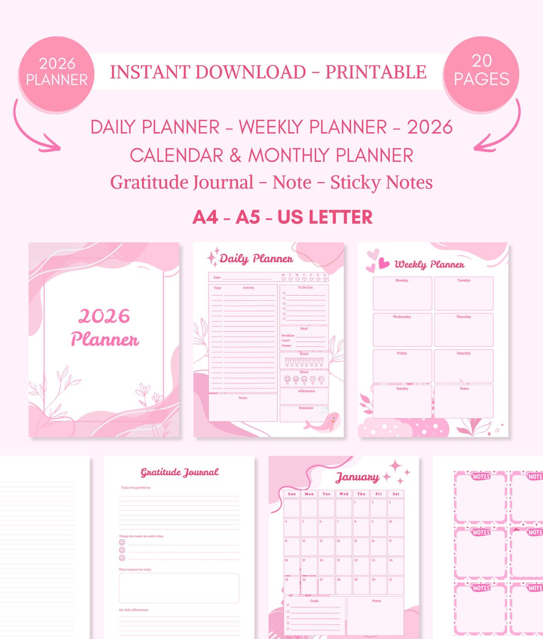 2026 PRINTABLE PLANNER: Daily/weekly/montly Planner, Calendar, Journal ...
