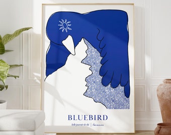 Bluebird Ski Day Art Print, minimalistische poster bergskiën