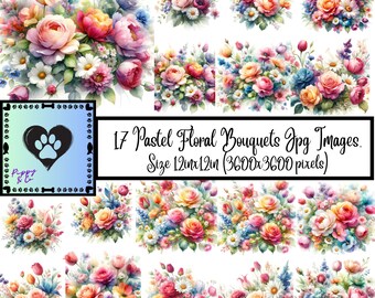 17 Pastel Floral Bouques Digital| Commercial Use | Watercolor Flower Backgrounds | Printable Paper Set | Scrapbooking Paper | Crafts | Diy