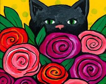 Black Cat Print - Rose Kitty - Cat with Flowers Art Print Giclee - 8 x 10 inch print with optional black mat