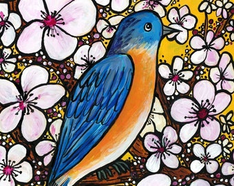 Bluebird Art Print - Blue Bird with Cherry Blossom Tree - 8 x 10 Colorful State Bird Print - Bird Lover Gift - Animal Art