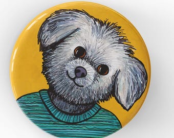Shih Tzu Dog Pin or Magnet - Cute Gray and White Dog Pinback Button or Fridge Magnet