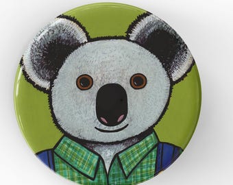 Oliver the Koala Pin or Magnet - Koala Bear fridge magnet or pinback button - Cute Animal Wearing Clothes