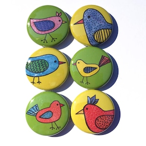 Bird Magnets or Pinback Buttons - Whimsical Bird Lover Gift - Animal Magnet or Pin Set - Bird Fridge Magnets, Stocking Stuffer, Party Favor
