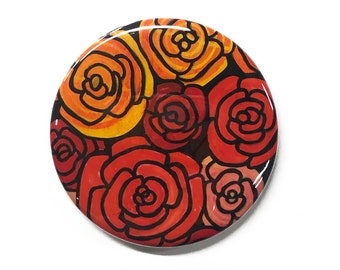 Yellow, Orange, Red Rose Magnet, Pin Back Button or Pocket Mirror - Flower Fridge Magnet, Pinback, or Purse Mirror