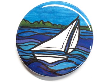 Beach Sunset Graphic Sail Boat Blue Purple Kitchen Refrigerator Button Magnet