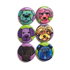 Cute Dog Pins and Magnets - Whimsical Animal Fridge Magnet or Pinback Button Set - Gift for Dog Lover, Veterinarian or Vet Tech