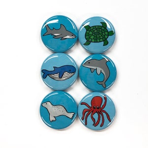 Marine Life Magnet or Pin Back Button Set - Whale, Seal, Shark, Octopus, Dolphin, Sea Turtle, Sea Animals