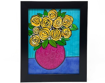 Original Yellow Rose Painting - Vase of Roses Still Life - Bright Happy Colors - Framed Acrylic Painting - Flower Wall Art - Claudine Intner