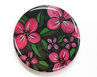 Pink Flower Mirror, Magnet, or Pin - Floral Pocket Mirror, Fridge Magnet, or Pinback Button