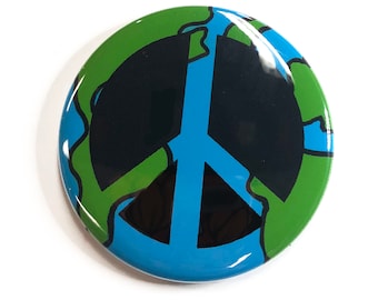 World Peace Pin Back Button, Magnet, or Mirror - Earth Peace Sign