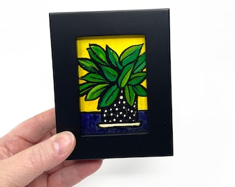 Framed Miniature Plant Painting - Small Plant Still Life Art for Desk, Shelf, or Wall - ACEO