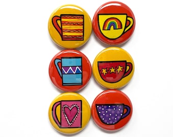 Coffee Magnets or Pin Back Buttons - Coffee Cups - Mugs - Coffee Lover Gift, Teacher Gift, Stocking Stuffer