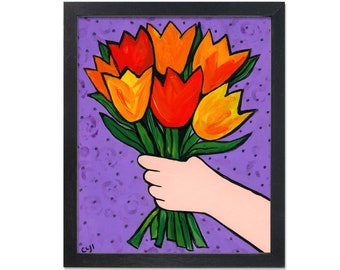 Red and Yellow Tulip Bouquet Print - Colorful Floral Art Print with Purple Background - 8x10 with optional mat