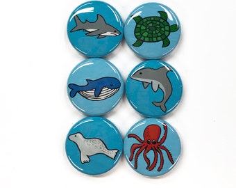 Marine Life Magnet or Pin Back Button Set - Whale, Seal, Shark, Octopus, Dolphin, Sea Turtle, Sea Animals