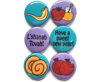 Rosh Hashanah Magnets or Pins - Jewish Gift - High Holidays - Pinback Buttons or Fridge Magnets