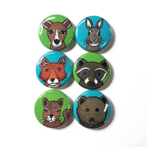 Woodland Animal Magnets or Pinback Buttons - Deer, Rabbit, Fox, Raccoon, Squirrel, Bear - Fridge Magnet Set or Pin Back Button Set