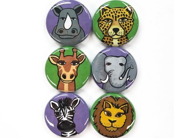 African Animal Magnet or Pin Set - Safari - Elephant, Zebra, Lion, Giraffe, Rhino, Cheetah