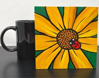 Black Eyed Susan with Ladybug Painting - Lady Bug - Ladybird Beetle Artwork - Original Acrylic Yellow Flower Art - Square 5x5 inches