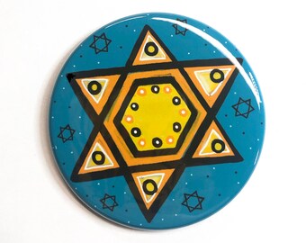 Blue and Yellow Star of David Pin, Magnet, or Mirror - Jewish Fridge Magnet, Pinback Badge, or Pocket Mirror