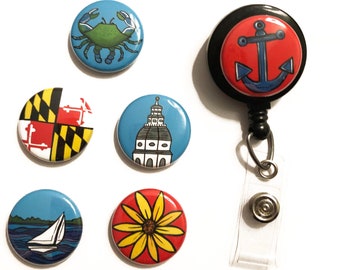 Maryland ID Badge Reel or Lanyard - Interchangeable ID Badge Holder w/ Maryland flag, State House, Chesapeake Blue Crab, Black Eyed Susan
