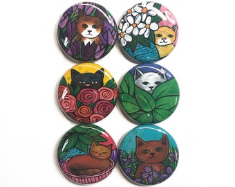 Cute Cat Magnet or Pin Back Button Set - Animal Fridge Magnets or Pinback Badges