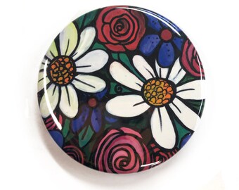 Floral Pocket Mirror, Pinback Button, or Magnet - 1 inch, 1.25 inch, 2.25 inch