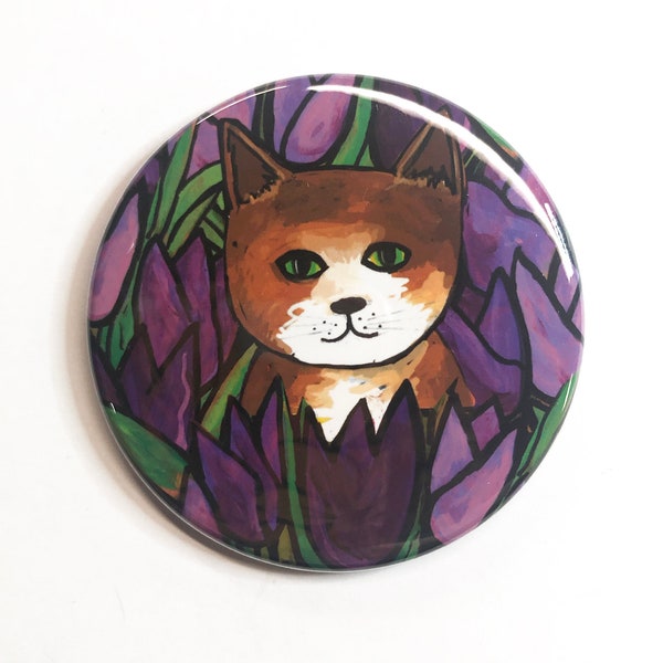 Brown Cat Pocket Mirror, Fridge Magnet, or Pin Back Button - Cat with Purple Tulips - Cat Lover Gift