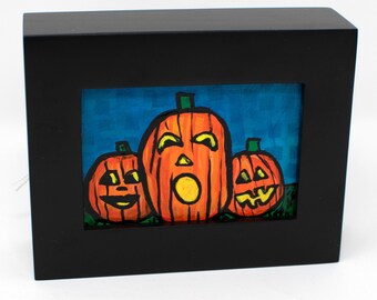 Small Jack O'Lantern Art for Halloween - Mini Pumpkin Painting for Fall Autumn Decor