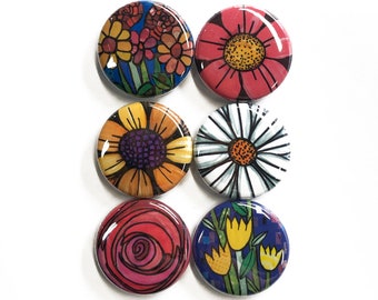 Flower Magnets or Flower Pinback Buttons Set - Pretty Floral Fridge Magnets or Pins - Tulips, Rose, Daisy