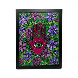 Garden Hamsa Painting - Floral Hamsa with Evil Eye - Original Framed Flower Hamsa Painting - 11x14