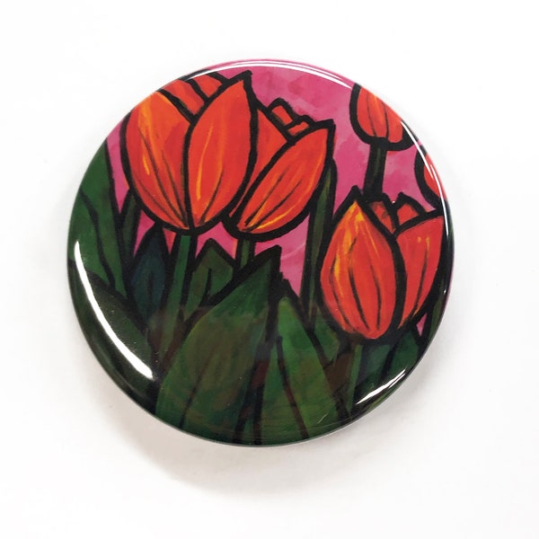 Red Tulips Pocket Mirror, Fridge Magnet, or Pin Back Button - Flower Purse Mirror