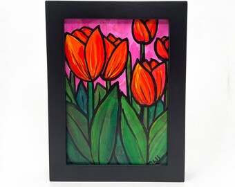 Red Tulip Painting - Small Original Art for Bedroom, Bathroom, or Living Room - 5x7 Framed Tulips Painting