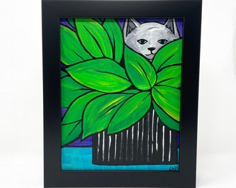Original Cat Painting - Cute Gray and White Cat Hiding in Plant - Hide N Seek
