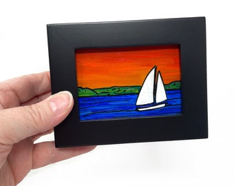 Small Bay Sunset Painting - Framed Sailboat Art - Bayscape, Seascape, Nautical Decor for Wall, Desk, or Bookshelf