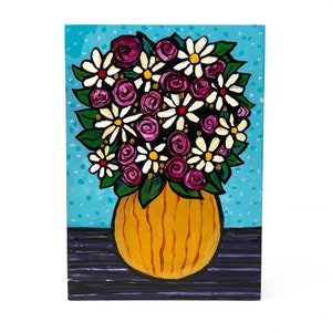 Flower Still Life - Original Acrylic Painting featuring Bouquet of Roses and Daises in Gold Vase - Colorful Floral Painting