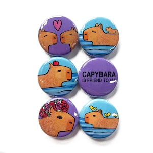 Cute Capybara Magnets or Pins - Animal Fridge Magnet Set or Pinback Button Set - 1 Inch magnets or pins