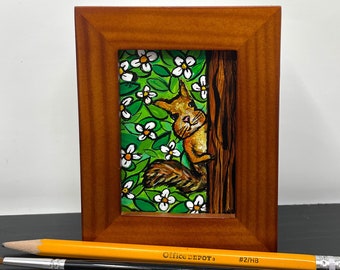 Mini Squirrel Painting - Framed Squirrel Art for Your Desk, Shelf, or Wall - Small Mammal, Cute Animal Art, Wildlife