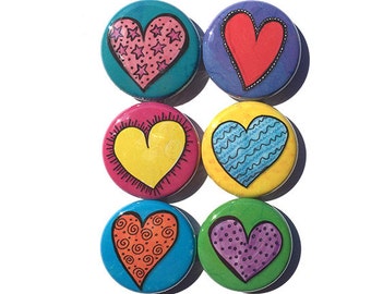Heart Magnets or Heart Pins - Love Fridge Magnet Set - Pinback Button Set - Valentine's Day, Cute Party Favor, Teacher Gift, Gift Under 10
