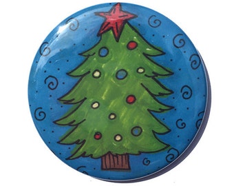 Christmas Tree Magnet, Pin, or Pocket Mirror - Stocking Stuffer, Holiday Fridge Magnet or Pinback Button