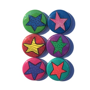 Multicolor Star Magnets or Pinback Buttons Set - Party Favor, Stocking Stuffer, Teacher Gift