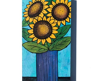 Sunflower Painting - Original Flower Mixed Media Art - Floral Wall Art Decor by Claudine Intner - Yellow and Blue
