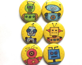 Robot Magnets or Pins - 1 Inch Pinback Button or Magnet set - Robotic Sci Fi Fridge Magnets or Button Badges - Science Gift or Party Favors
